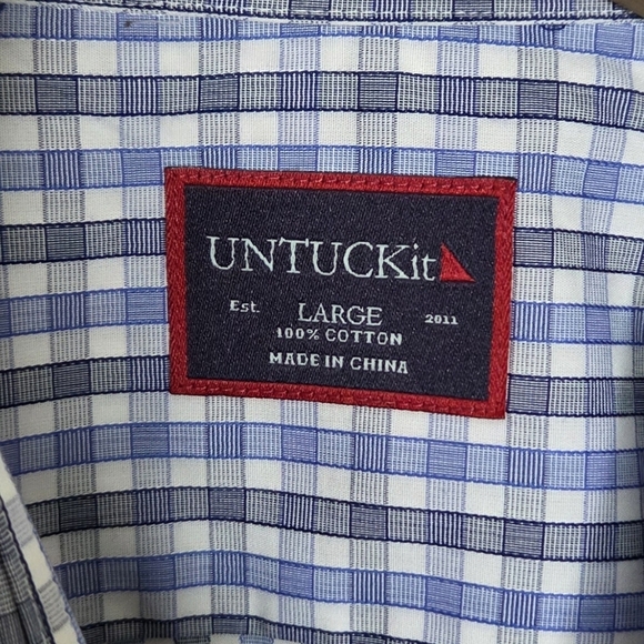 Untuckit | Blue Gray White Plaid Button Front Shirt Size Large - Picture 3 of 4